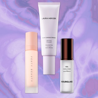 Fenty Beauty, Laura Mercier, and Hourglass Primers on a pretty background for story on the best primers for oily skin.